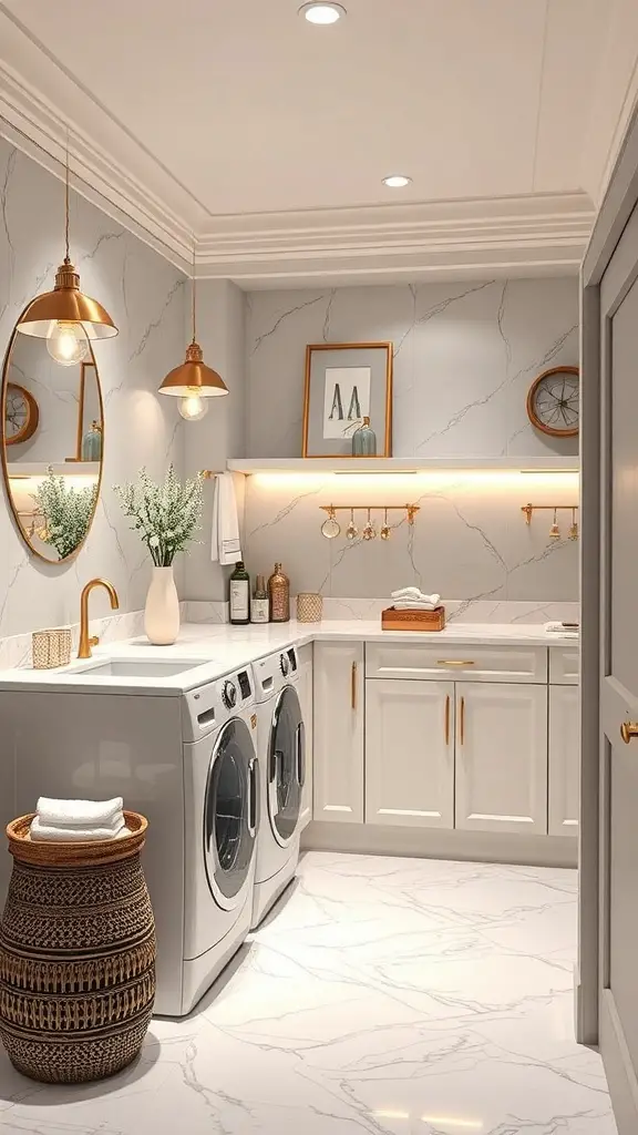Luxury spa-inspired laundry room with marble countertops and stylish decor.