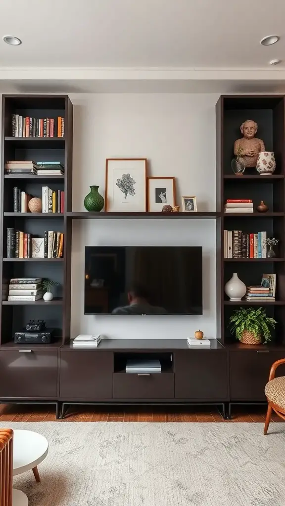 25+ Stunning TV Wall Ideas for Your Living Room 8 Stylish TV wall with dark wood shelves, books, decorative items, and a central TV.