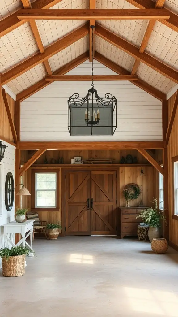 19+ Charming Barndominium Ideas for Cozy Living 2 A charming farmhouse entryway with wooden beams, double doors, and natural decor.