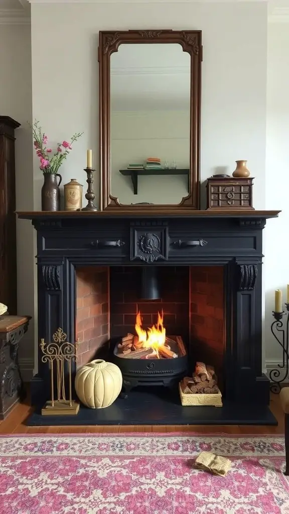 19+ Creative Fireplace Wall Ideas to Transform Your Space 14 A vintage fireplace with a wooden mantel, clock, and framed portraits above it.