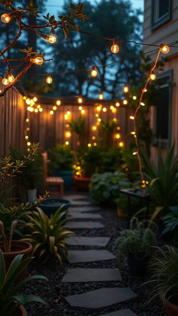 23+ Creative Small City Backyard Ideas for Your Outdoor Space 11 A small city backyard with twinkling fairy lights illuminating a pathway and surrounding plants.