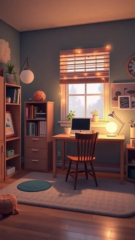 25+ Creative Bloxburg Teen Room Ideas You’ll Love 8 A cozy study nook featuring a desk with a computer, fairy lights, and bookshelves.