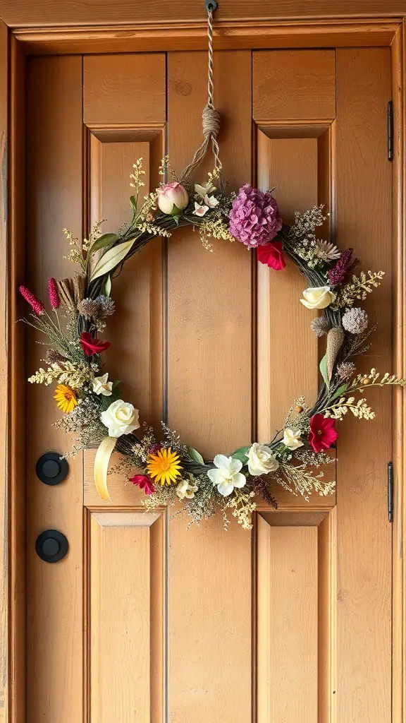 23 Vintage Fall Decor Ideas to Warm Your Home 8 A faded floral wreath with roses, sunflowers, and greenery hanging on a wooden door.