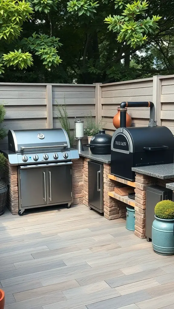 23+ Inspiring Backyard Kitchen Ideas to Elevate Your Outdoor Cooking Experience 8 A modern outdoor kitchen featuring a gas grill and smoker, surrounded by greenery.