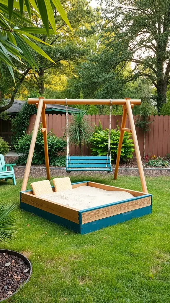 25+ Inspiring Hardscape Backyard Ideas for Your Outdoor Oasis 16 A backyard play area featuring a swing set and a sandbox with cushions.