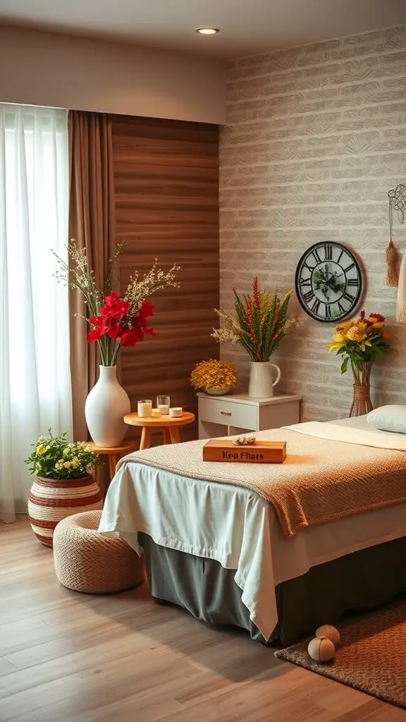 A cozy massage room with seasonal decor, featuring flowers and soft lighting.