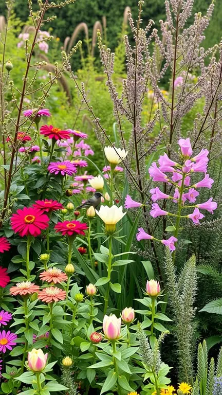 19+ Essential Tips for Creating a Bird-Friendly Garden 16 A colorful garden filled with pink, yellow, and purple flowers, ideal for attracting birds.