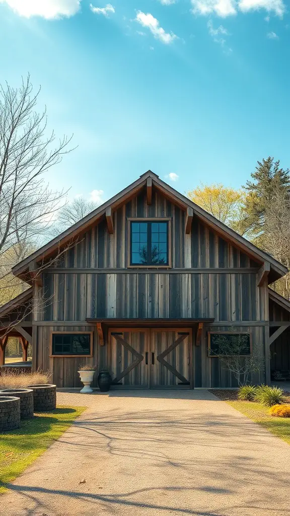 25+ Inspiring Modern Barndominium Ideas You’ll Love 2 A modern barndominium made of reclaimed wood with large windows and native landscaping.