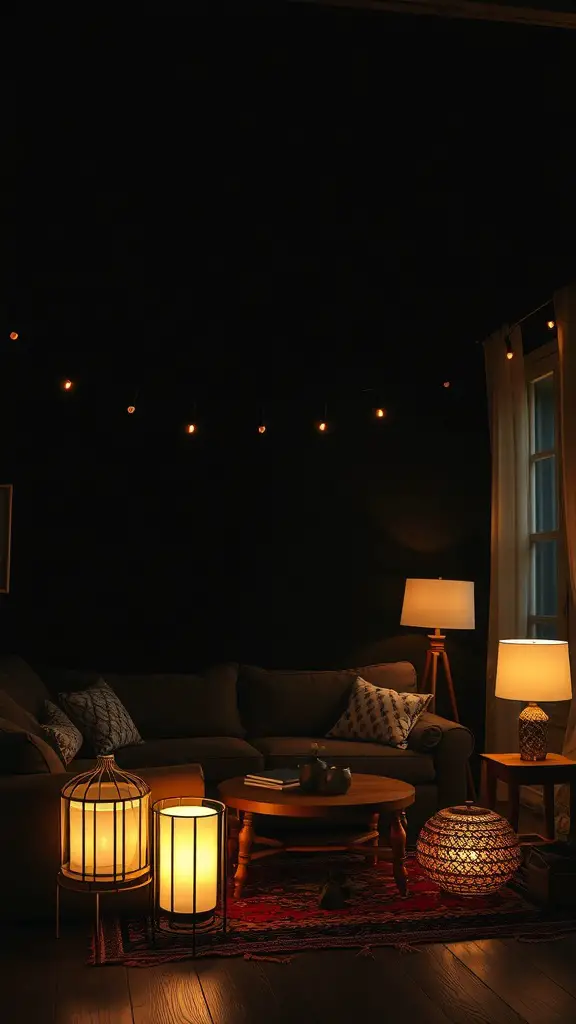 A cozy dark boho living room with layered lighting, featuring table lamps, lanterns, and string lights.