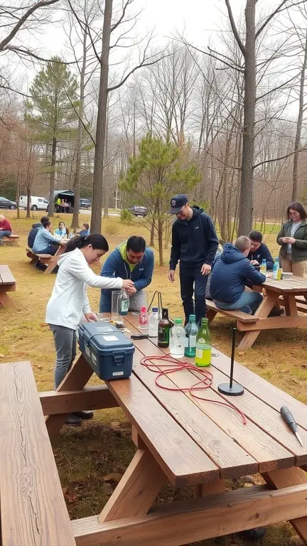 15 Inspiring Outdoor Learning Spaces for Creative Education 5 Group of people engaged in outdoor science activities around picnic tables in a natural setting.