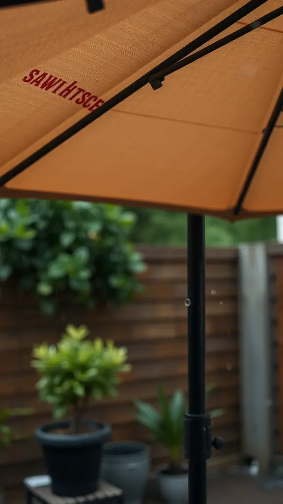 17+ Creative Patio Umbrella Ideas for Your Outdoor Space 15 A water-resistant patio umbrella with a warm color, showcasing its durability against rain.