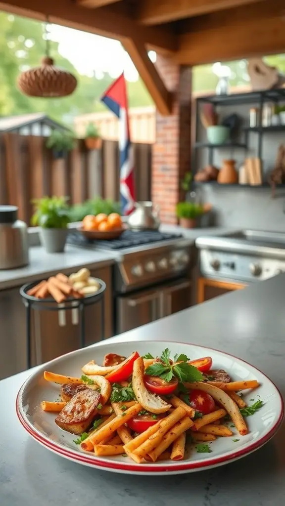 23+ Inspiring Backyard Kitchen Ideas to Elevate Your Outdoor Cooking Experience 11 A plate of pasta with tomatoes and herbs in a backyard kitchen setting.