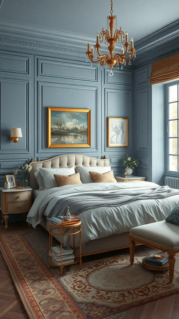 23+ Stunning Dusty Blue Bedroom Ideas to Transform Your Space 14 A beautifully designed bedroom featuring dusty blue walls, gold accents, and elegant decor.