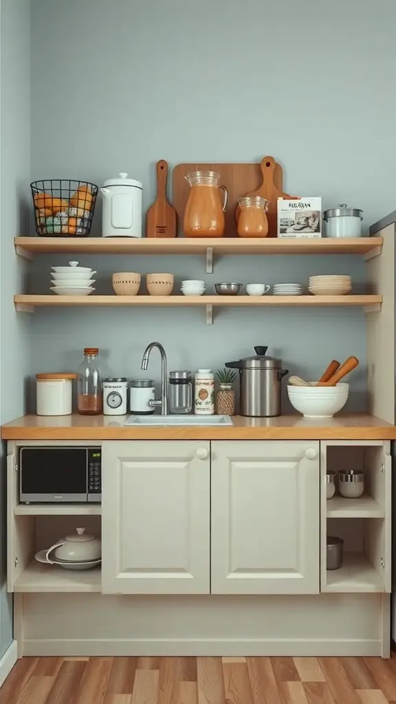 27+Creative Ideas for Decorating Space Above Kitchen Cabinets 12 A cozy kitchen setup with shelves above cabinets displaying jars, utensils, and decorative items.