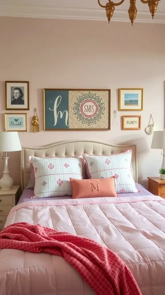 A cozy bedroom featuring personalized decorative accents, including framed art and soft bedding.