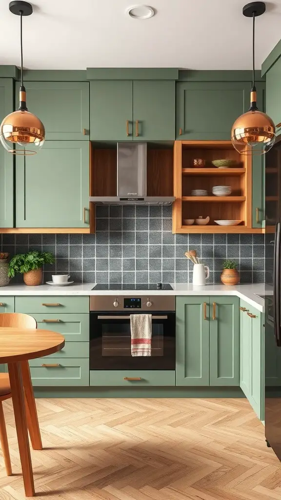 27+ Stunning Sage Green and Wood Kitchen Ideas You’ll Love 7 A kitchen featuring sage green cabinets with natural wood accents, stylish pendant lights, and herringbone flooring.