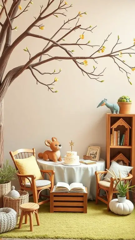 19+ Creative Baby Shower Themes to Celebrate February Babies 16 A cozy baby shower setup with a painted tree, plush toys, and a cake on a table.