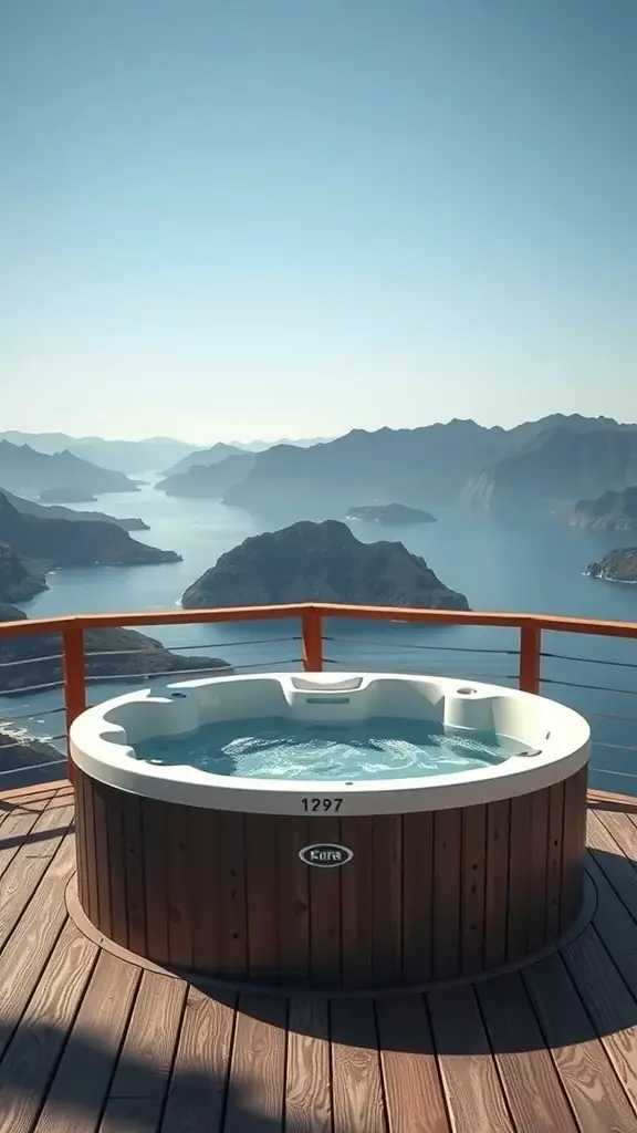 A hot tub on a wooden deck overlooking a scenic view of mountains and water.