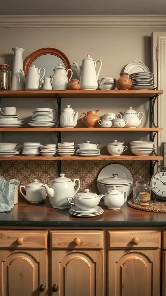 27+Creative Ideas for Decorating Space Above Kitchen Cabinets 9 A display of vintage kitchenware on open shelves above kitchen cabinets, featuring white porcelain teapots, plates, and jars.
