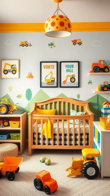 27+ Adorable Baby Nursery Ideas for Boys 17 A baby nursery designed with a construction zone theme, featuring a crib, colorful toys, and construction vehicle decor.