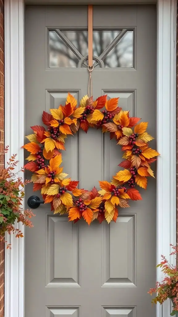 A fall-themed wreath made of colorful autumn leaves and berries, hanging on a front door.