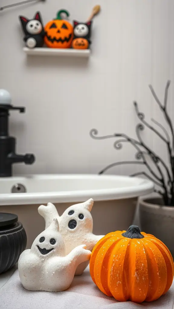 27+ Spooktacular Halloween Bathroom Decor Ideas 16 Halloween-themed bath bombs shaped like ghosts and a pumpkin, set against a bathroom backdrop.