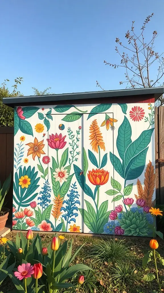 A garden shed with a colorful mural featuring various flowers and plants, surrounded by blooming flowers in the garden.