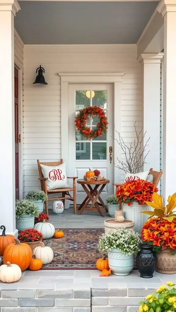 27+ Cozy Fall Porch Decorating Ideas to Try This Season 12 A fall-themed porch with personalized decor items, including a wreath, pumpkins, and custom pillows.