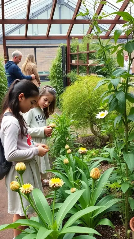 15 Inspiring Outdoor Learning Spaces for Creative Education 16 Two girls exploring a botanical garden, examining flowers and plants.