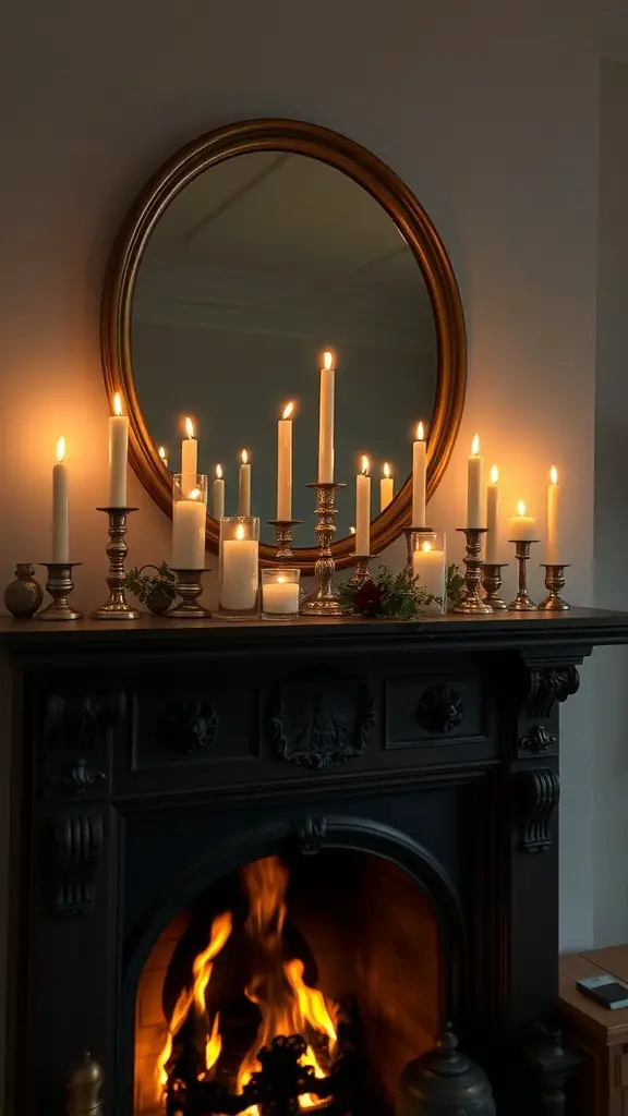 27+ Stylish Fireplace Decor Ideas You’ll Love 4 A fireplace mantel adorned with various candles in different heights, surrounded by a warm glow and a mirror reflecting the light.