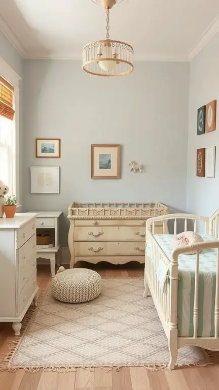 25+ Adorable Newborn Room Ideas to Inspire Your Nursery Design 8 A cozy nursery featuring vintage furniture, soft blue walls, and modern decor elements.