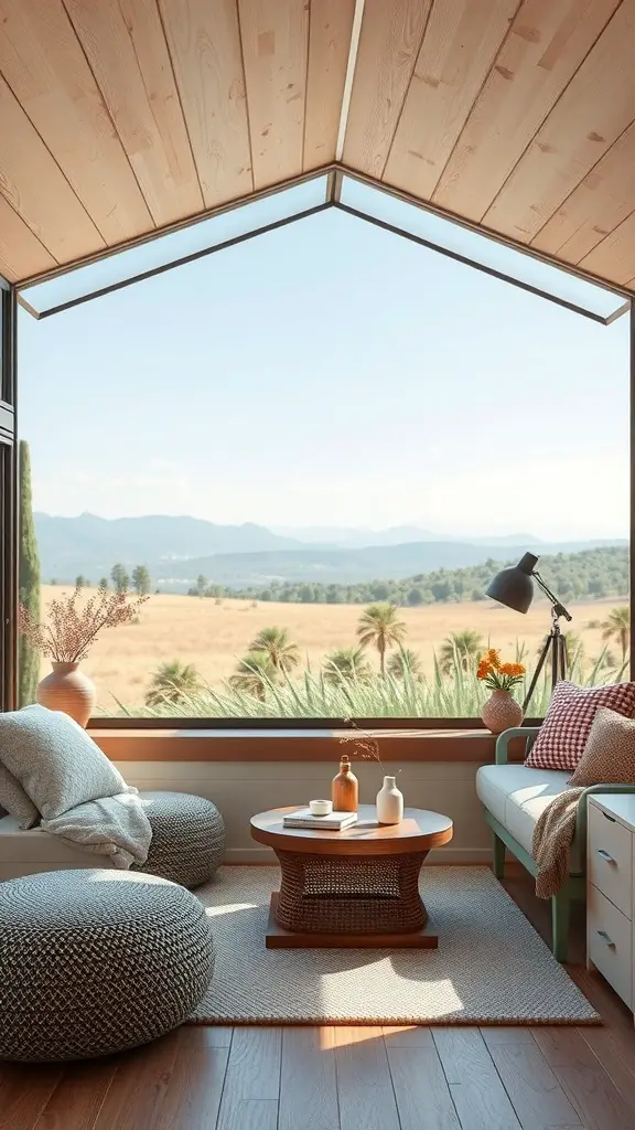 23+ Cozy RV Living Room Ideas for Ultimate Comfort 13 A cozy RV living room with a large window showcasing a scenic view.