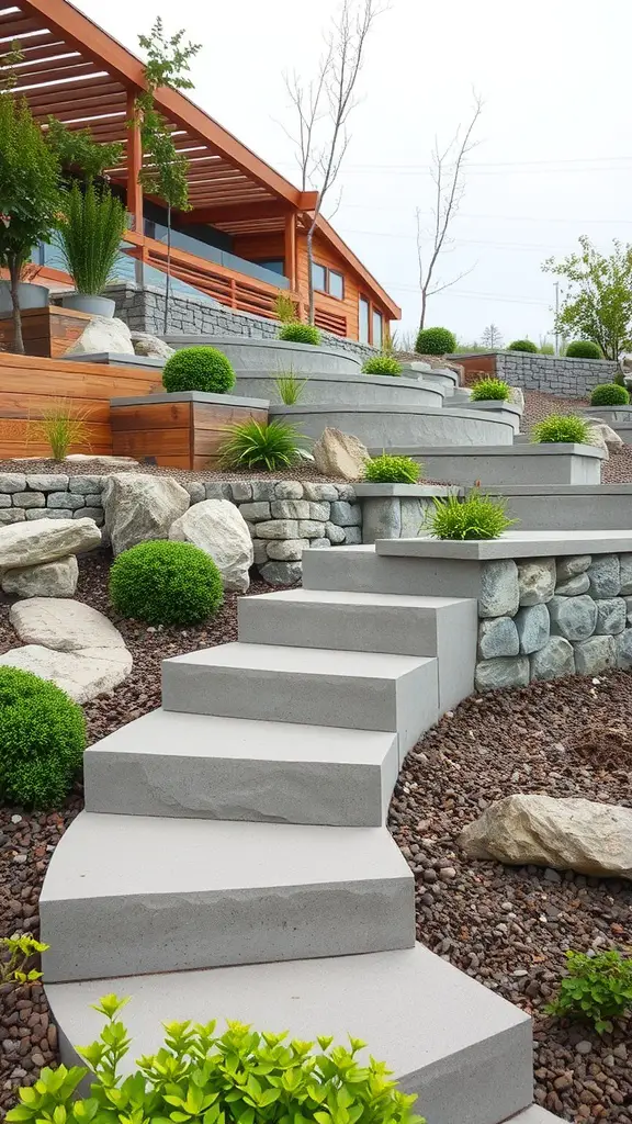 19+ Inspiring Terraced Landscaping Ideas for Your Outdoor Space 10 A beautifully designed terraced landscape featuring stone steps, natural stone walls, and lush greenery.