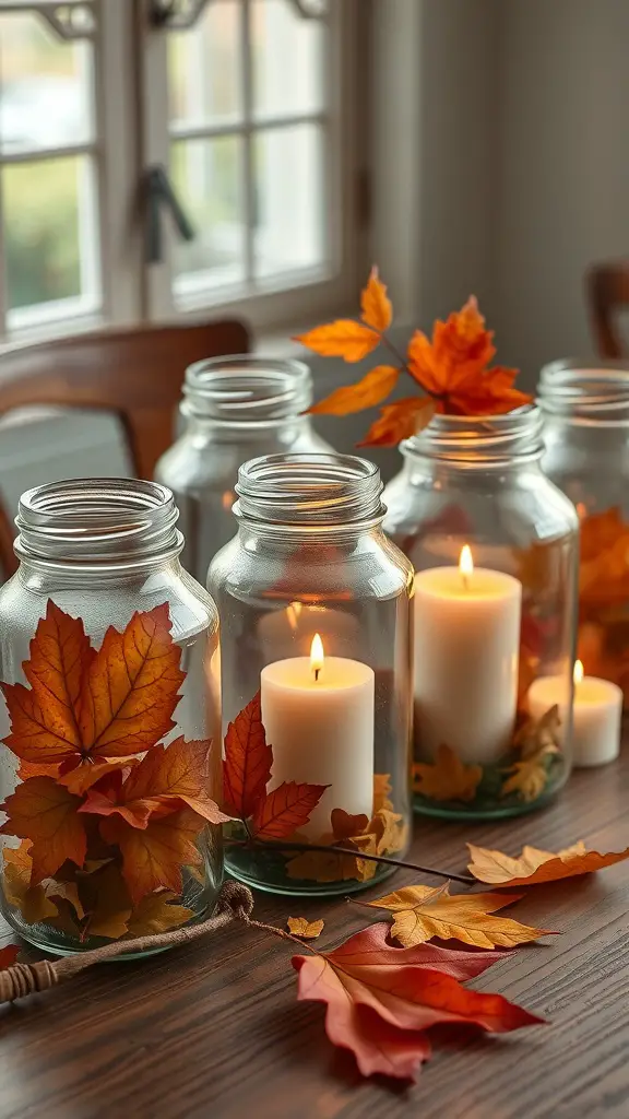 23 Vintage Fall Decor Ideas to Warm Your Home 10 Vintage glass jars filled with autumn leaves and candles, creating a cozy fall decor.