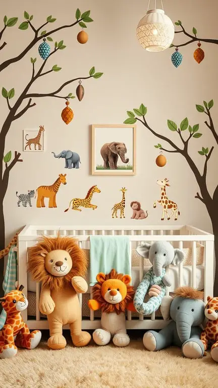 27+ Adorable Baby Nursery Ideas for Boys 7 A baby nursery with an animal safari theme featuring plush toys and animal decals on the walls.