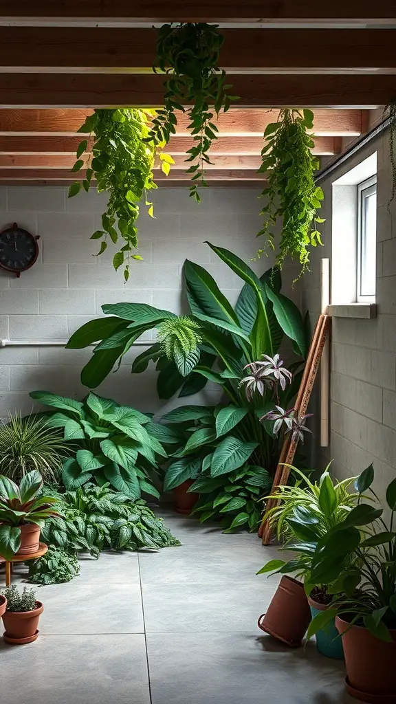 19+ Cozy Unfinished Basement Ideas to Transform Your Space 15 Cozy unfinished basement filled with various indoor plants