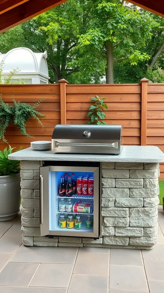 Outdoor grill island with a compact refrigerator and a grill
