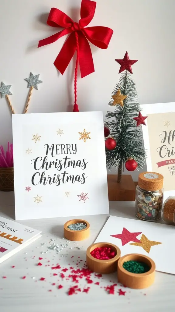 25+ Festive Christmas Craft Ideas to Get You in the Holiday Spirit 16 A festive setup for making homemade Christmas cards with decorations, glitter, and a small Christmas tree.