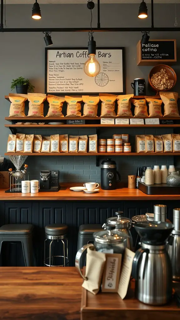 27+ Charming Small Coffee Bar Ideas to Transform Your Space 17 A cozy artisan coffee bar showcasing local coffee roasts with a wooden counter and decorative plants.