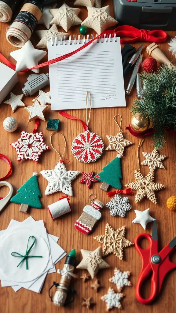 23+ Creative Christmas Crafts for Adults to Try This Holiday Season 4 A collection of handmade holiday ornaments and crafting supplies on a wooden table.