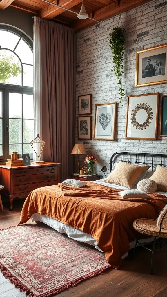 A cozy bedroom featuring a mix of modern and vintage elements, with an orange blanket, metal bed frame, exposed brick wall, and wooden furniture.
