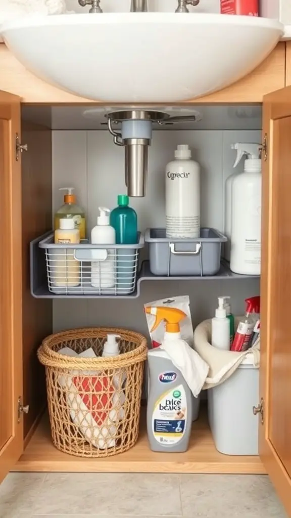 Organized under-sink storage with bins and a basket