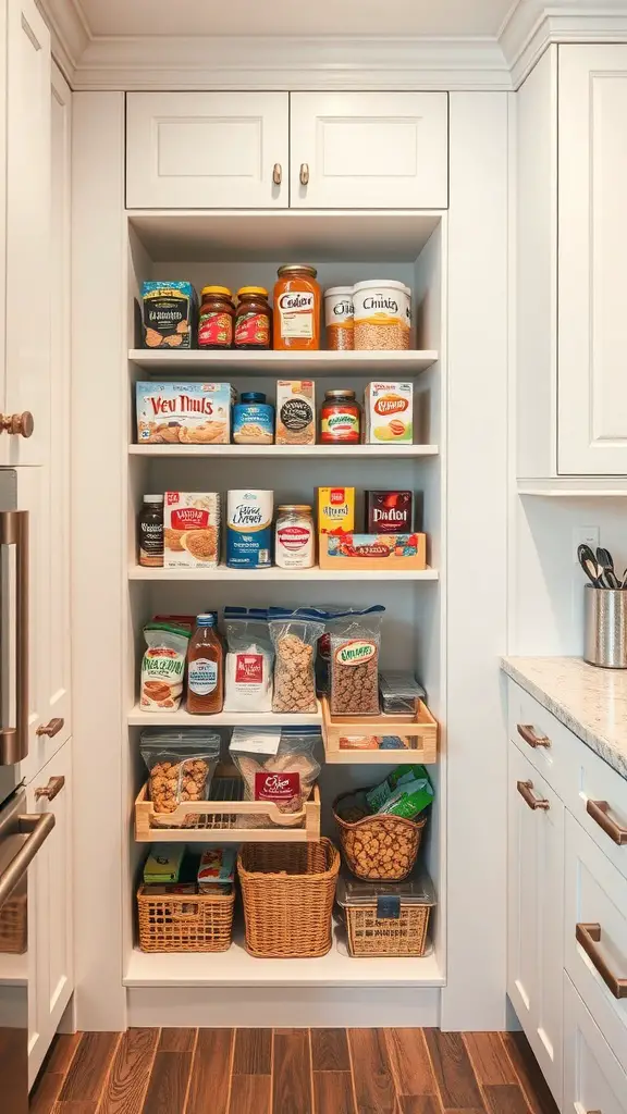 17+ Stylish DIY Pantry Shelf Ideas to Organize Your Space 9 A well-organized pantry with built-in shelves displaying various food items and containers.