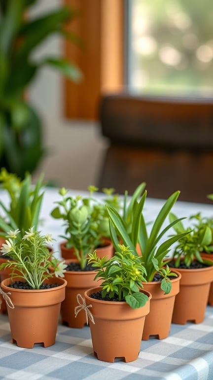 29+ Homegrown Baby Shower Theme Ideas with 15 Must-Have Items 7 Small terracotta pots with herbs on a table