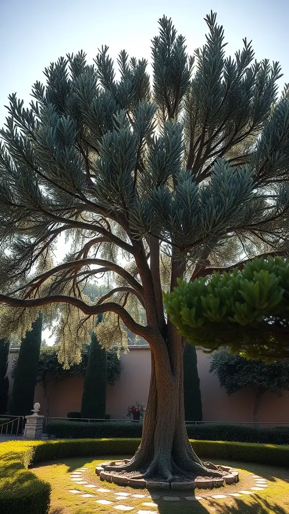 25+ Stunning Italian Garden Ideas for Your Outdoor Space 6 A majestic olive tree with sunlight shining through its leaves in a beautifully landscaped garden.