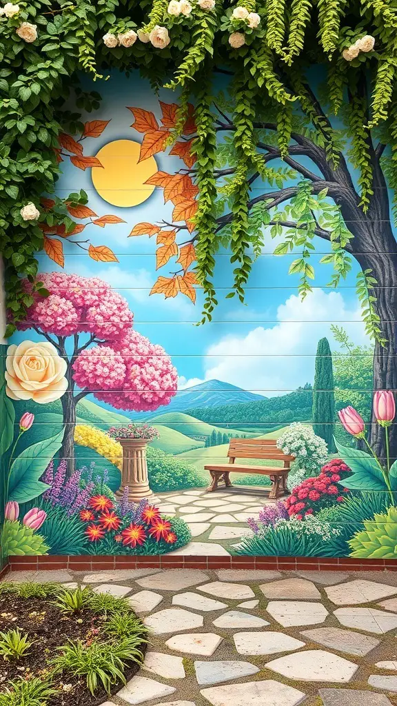 23+ Stunning Garden Mural Ideas to Transform Your Outdoor Space 12 A colorful mural depicting seasonal changes in a garden, showcasing spring flowers, summer greenery, autumn leaves, and winter scenery.