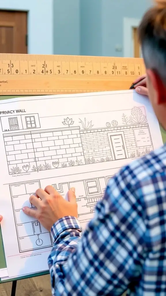 19+ Creative Privacy Wall Ideas for Your Deck 15 A person reviewing plans for privacy walls on a wall display.