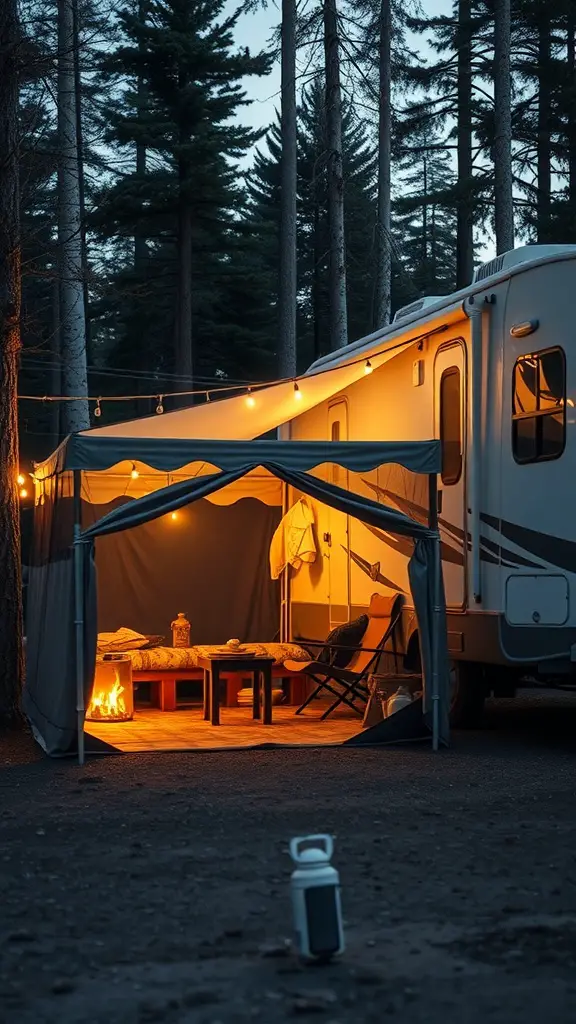 17+ Creative RV Shelter Ideas to Protect Your Home on Wheels 13 A cozy tent shelter set up next to an RV, illuminated by warm lights and featuring a fire pit.