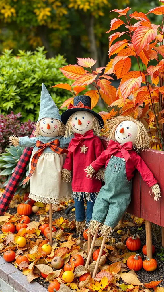 21+ Cozy Fall Decor Ideas from Hobby Lobby 13 Three whimsical scarecrow figures with pumpkins and autumn leaves