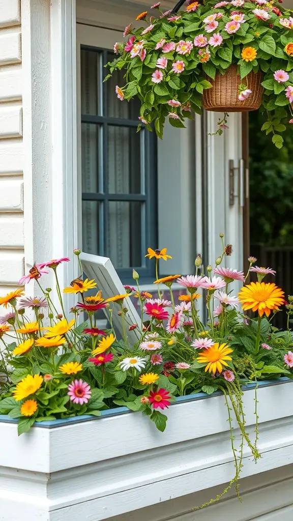 A colorful balcony garden featuring a variety of wildflowers in a planter, with a hanging basket of flowers above.